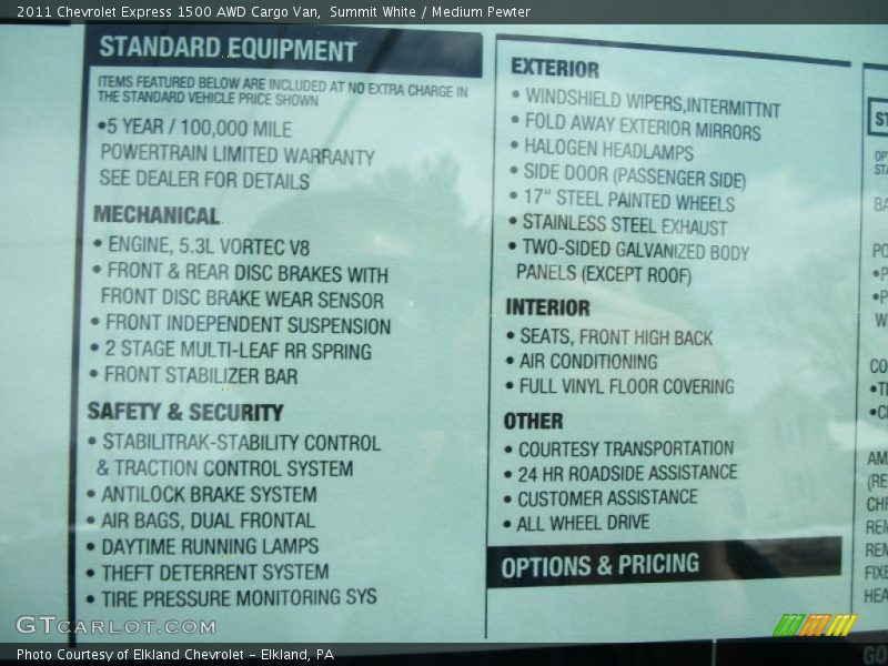  2011 Express 1500 AWD Cargo Van Window Sticker