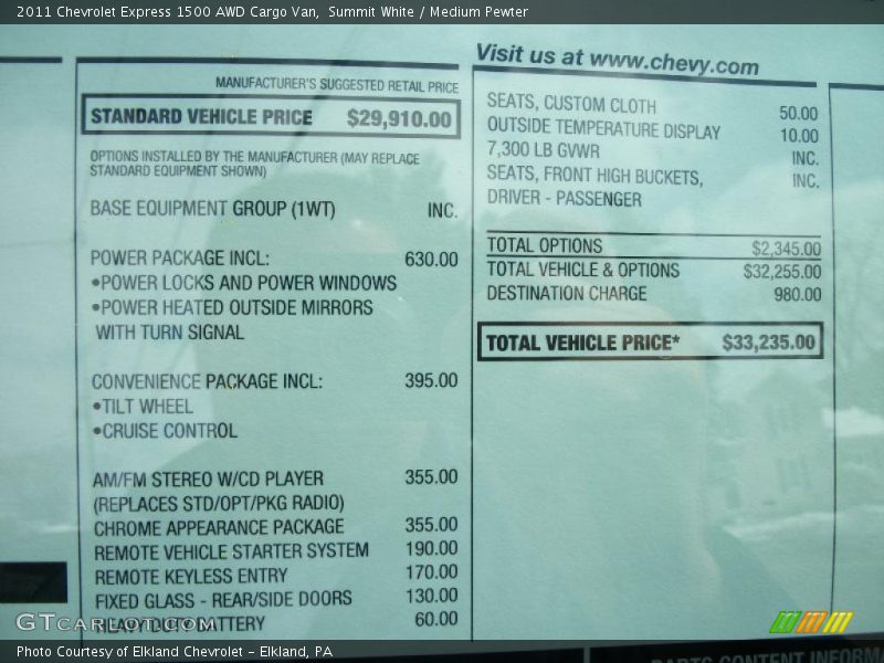  2011 Express 1500 AWD Cargo Van Window Sticker