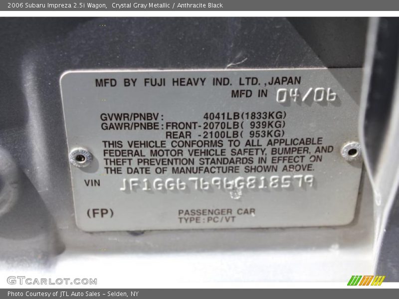 Info Tag of 2006 Impreza 2.5i Wagon