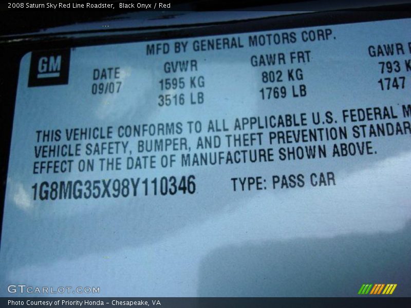 Info Tag of 2008 Sky Red Line Roadster