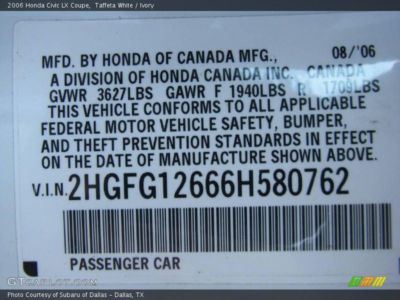 Taffeta White / Ivory 2006 Honda Civic LX Coupe