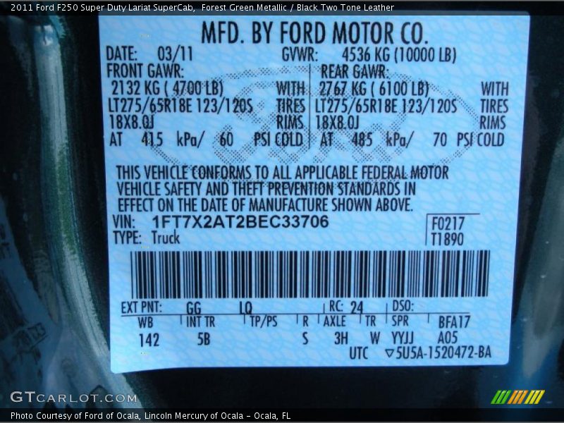 2011 F250 Super Duty Lariat SuperCab Forest Green Metallic Color Code GG