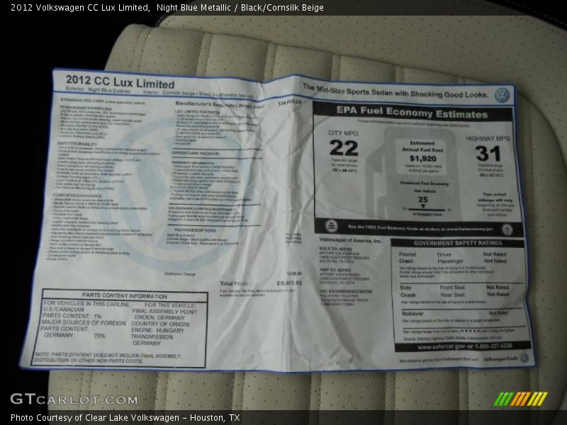  2012 CC Lux Limited Window Sticker