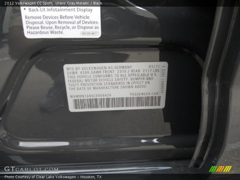 Urano Gray Metallic / Black 2012 Volkswagen CC Sport