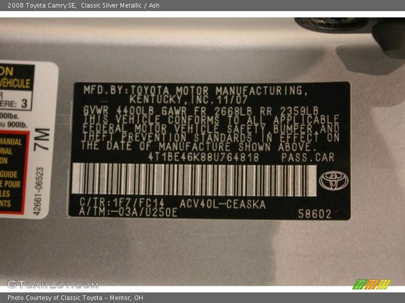 Classic Silver Metallic / Ash 2008 Toyota Camry SE