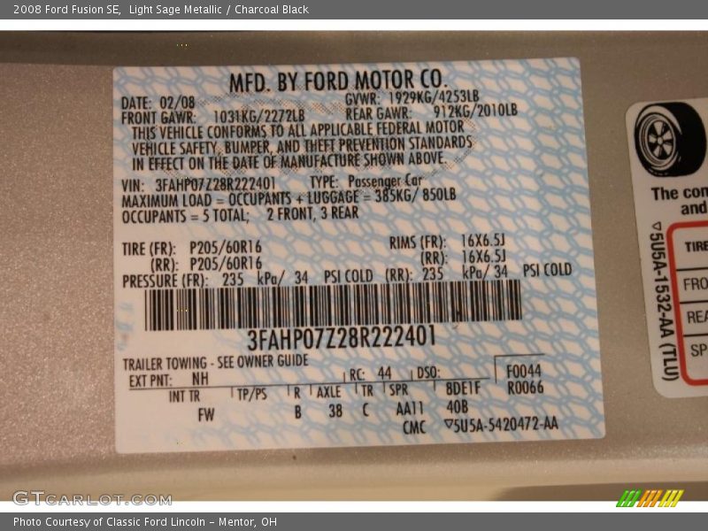 Light Sage Metallic / Charcoal Black 2008 Ford Fusion SE