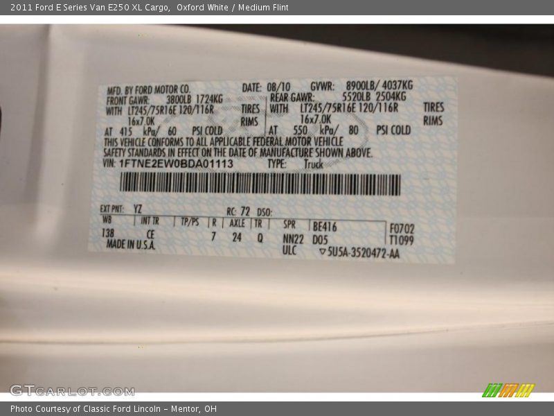 2011 E Series Van E250 XL Cargo Oxford White Color Code YZ