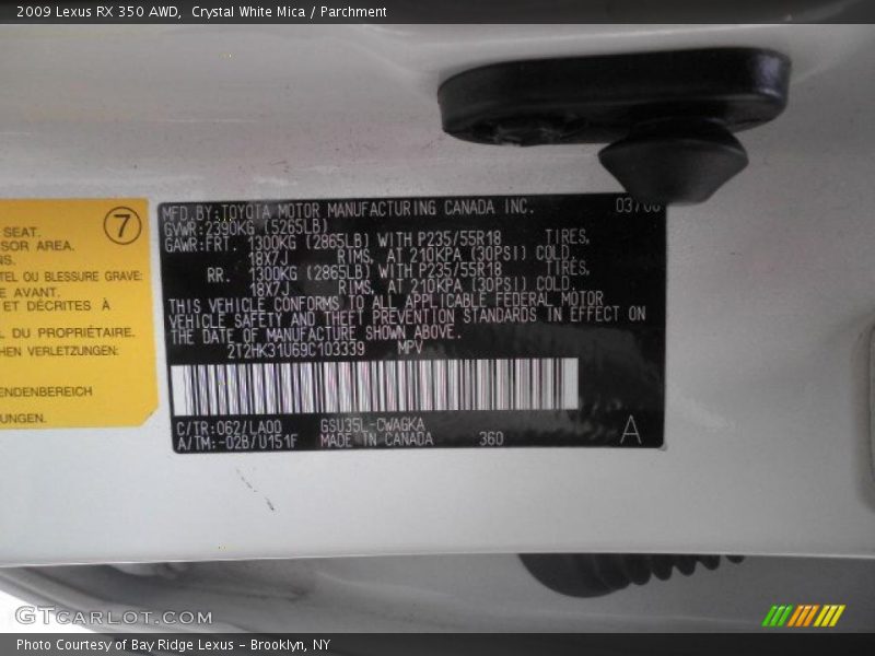 Crystal White Mica / Parchment 2009 Lexus RX 350 AWD