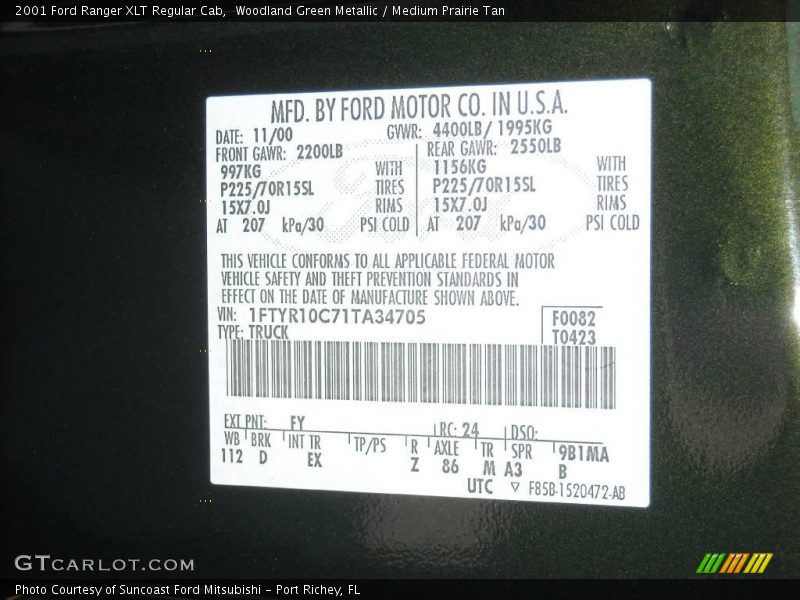 Woodland Green Metallic / Medium Prairie Tan 2001 Ford Ranger XLT Regular Cab