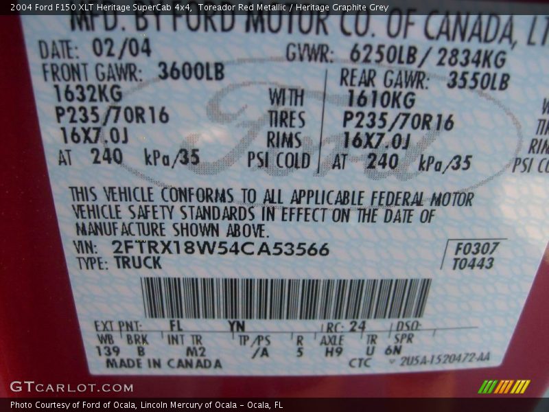 2004 F150 XLT Heritage SuperCab 4x4 Toreador Red Metallic Color Code FL