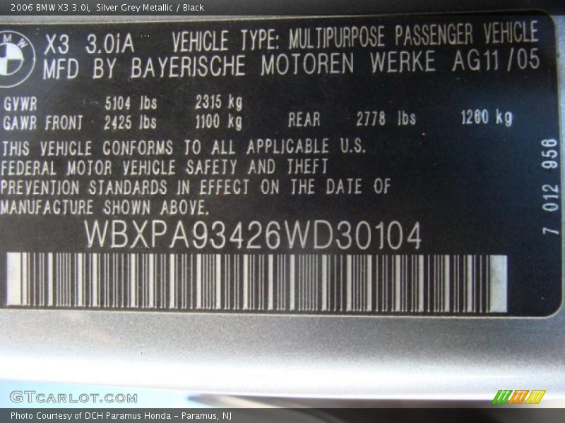 Silver Grey Metallic / Black 2006 BMW X3 3.0i