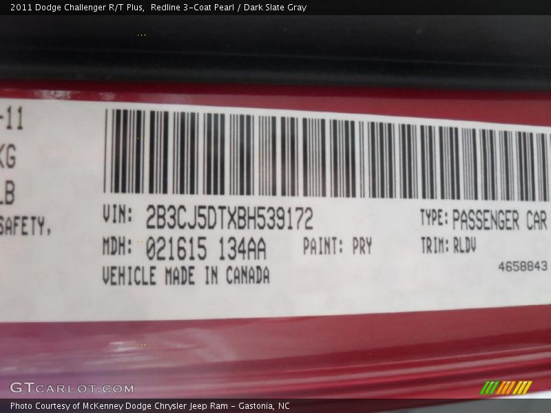 2011 Challenger R/T Plus Redline 3-Coat Pearl Color Code PRY