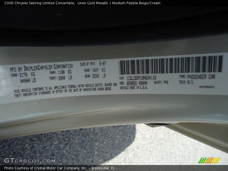 2008 Sebring Limited Convertible Linen Gold Metallic Color Code PYG