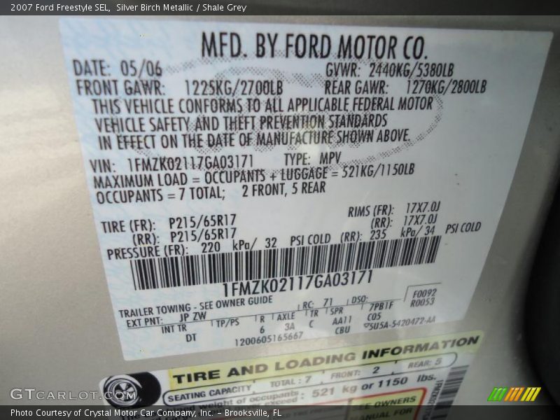 2007 Freestyle SEL Silver Birch Metallic Color Code JP
