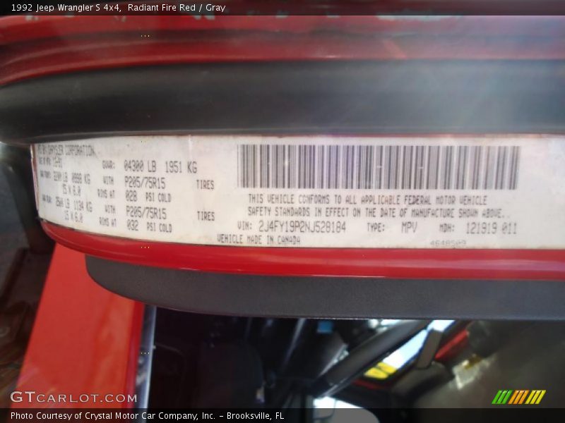 Radiant Fire Red / Gray 1992 Jeep Wrangler S 4x4