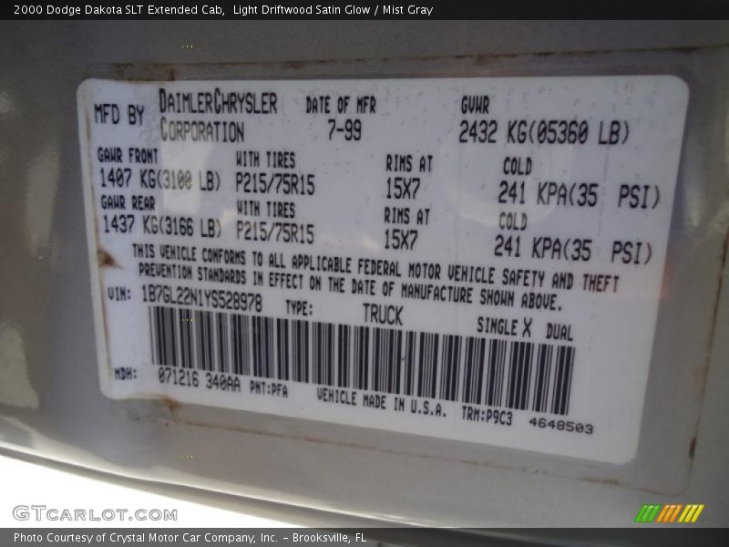 Light Driftwood Satin Glow / Mist Gray 2000 Dodge Dakota SLT Extended Cab