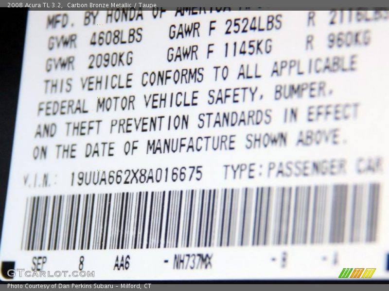Carbon Bronze Metallic / Taupe 2008 Acura TL 3.2