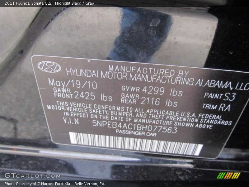 Midnight Black / Gray 2011 Hyundai Sonata GLS