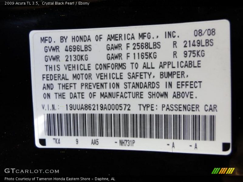 2009 TL 3.5 Crystal Black Pearl Color Code NH731P
