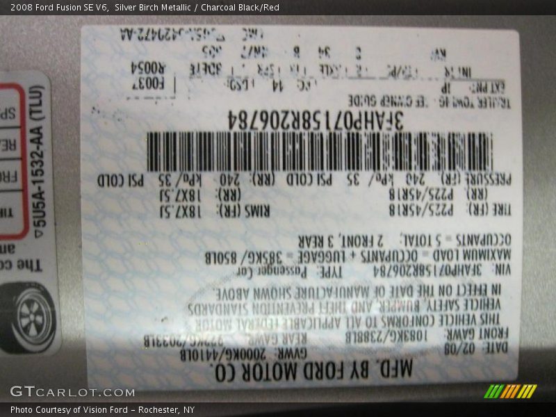 Silver Birch Metallic / Charcoal Black/Red 2008 Ford Fusion SE V6