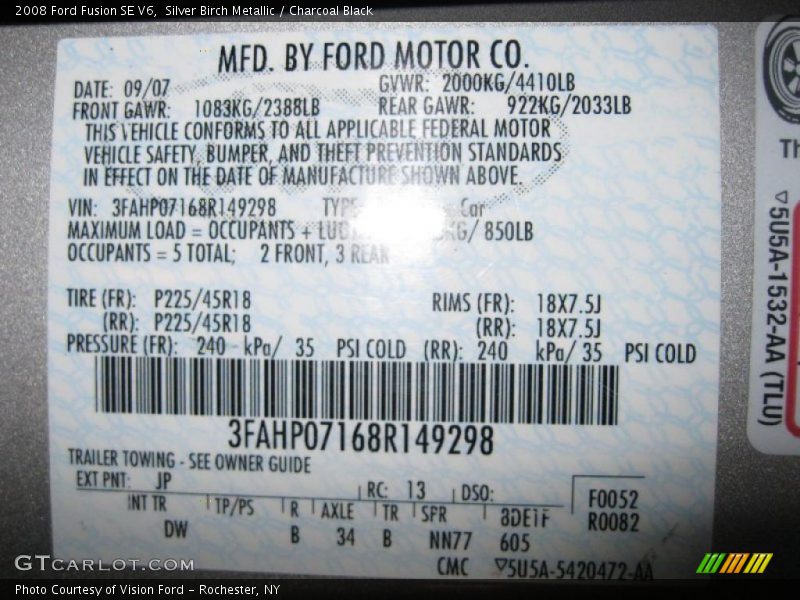Silver Birch Metallic / Charcoal Black 2008 Ford Fusion SE V6