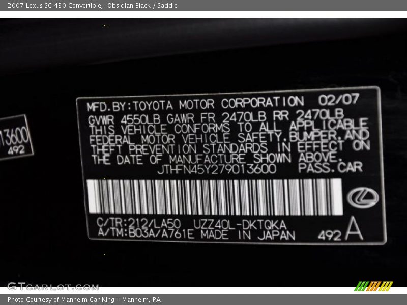 2007 SC 430 Convertible Obsidian Black Color Code 212