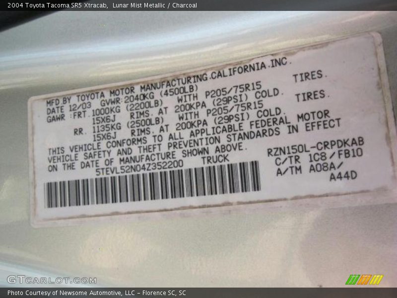 2004 Tacoma SR5 Xtracab Lunar Mist Metallic Color Code 1C8