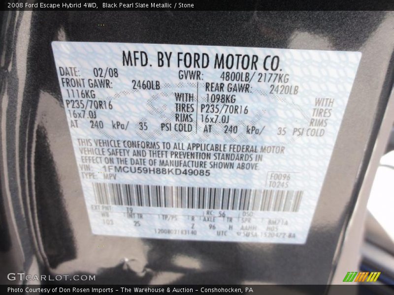 2008 Escape Hybrid 4WD Black Pearl Slate Metallic Color Code T9