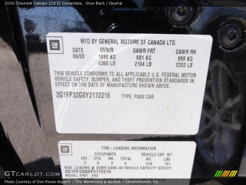 Info Tag of 2000 Camaro Z28 SS Convertible