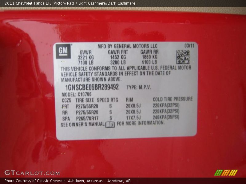 Info Tag of 2011 Tahoe LT