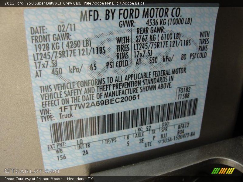 2011 F250 Super Duty XLT Crew Cab Pale Adobe Metallic Color Code LQ