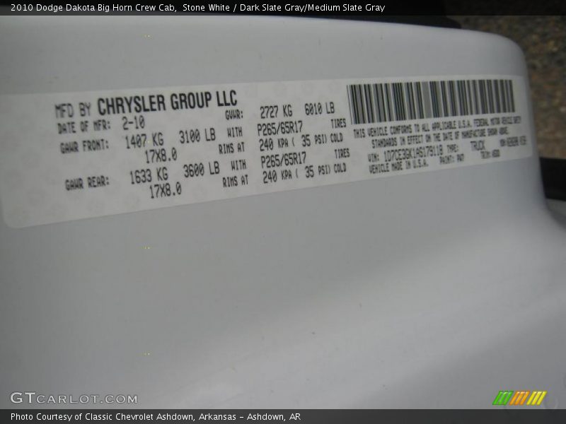 Stone White / Dark Slate Gray/Medium Slate Gray 2010 Dodge Dakota Big Horn Crew Cab