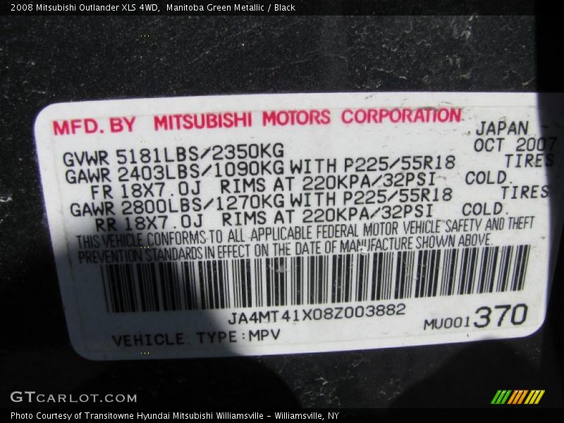 Manitoba Green Metallic / Black 2008 Mitsubishi Outlander XLS 4WD