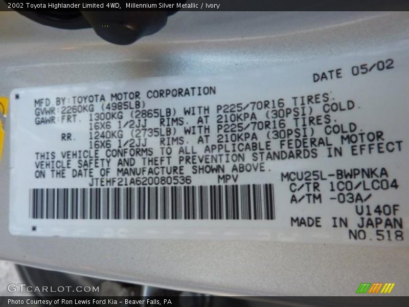 Millennium Silver Metallic / Ivory 2002 Toyota Highlander Limited 4WD