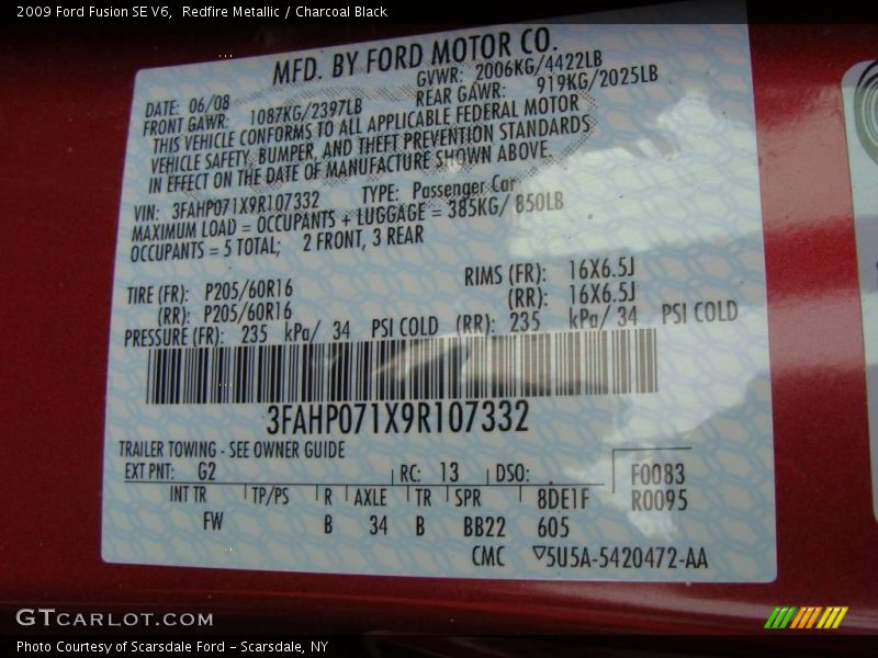 Redfire Metallic / Charcoal Black 2009 Ford Fusion SE V6