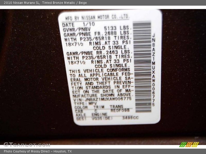 Tinted Bronze Metallic / Beige 2010 Nissan Murano SL