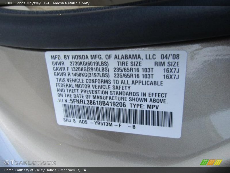Mocha Metallic / Ivory 2008 Honda Odyssey EX-L
