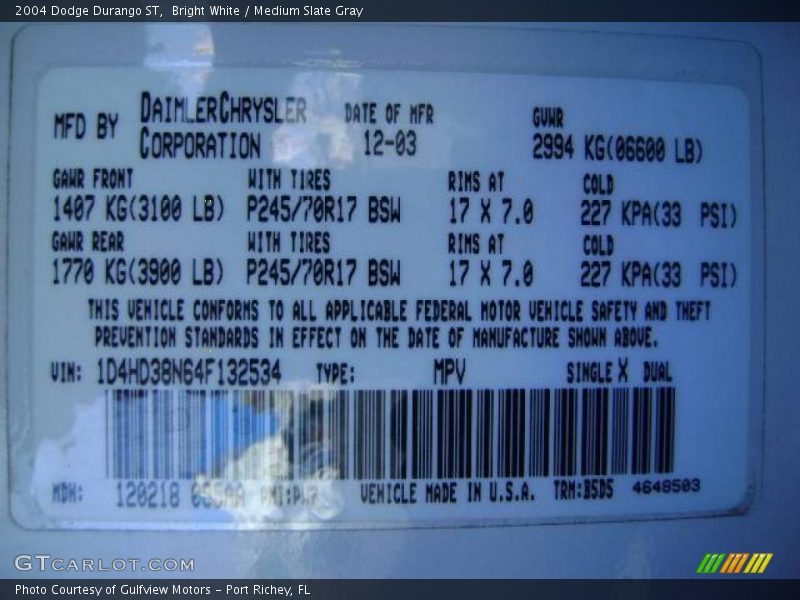 Bright White / Medium Slate Gray 2004 Dodge Durango ST