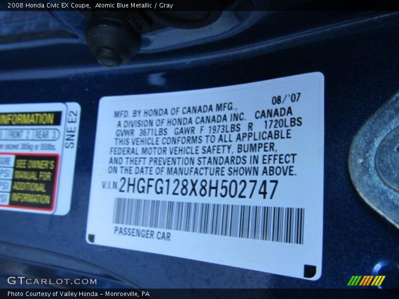 Atomic Blue Metallic / Gray 2008 Honda Civic EX Coupe