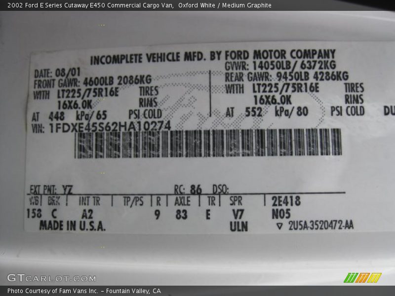 2002 E Series Cutaway E450 Commercial Cargo Van Oxford White Color Code YZ