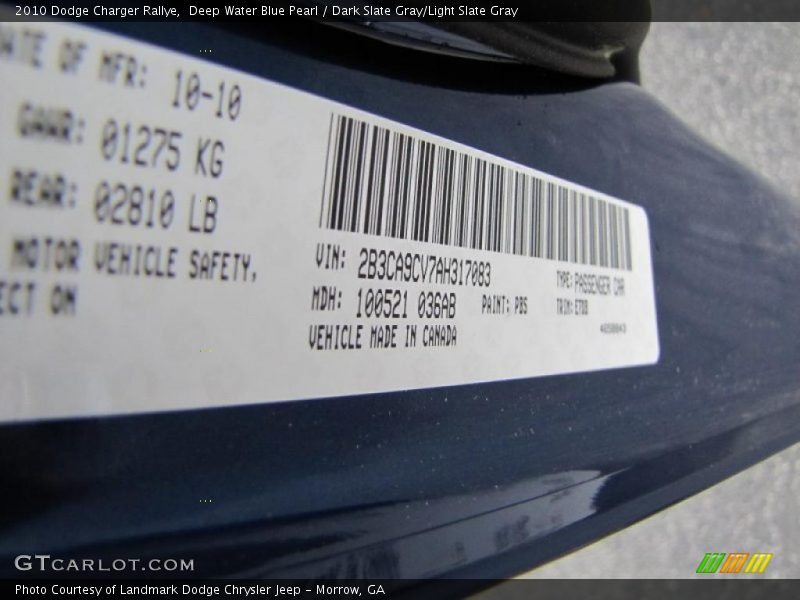 Deep Water Blue Pearl / Dark Slate Gray/Light Slate Gray 2010 Dodge Charger Rallye
