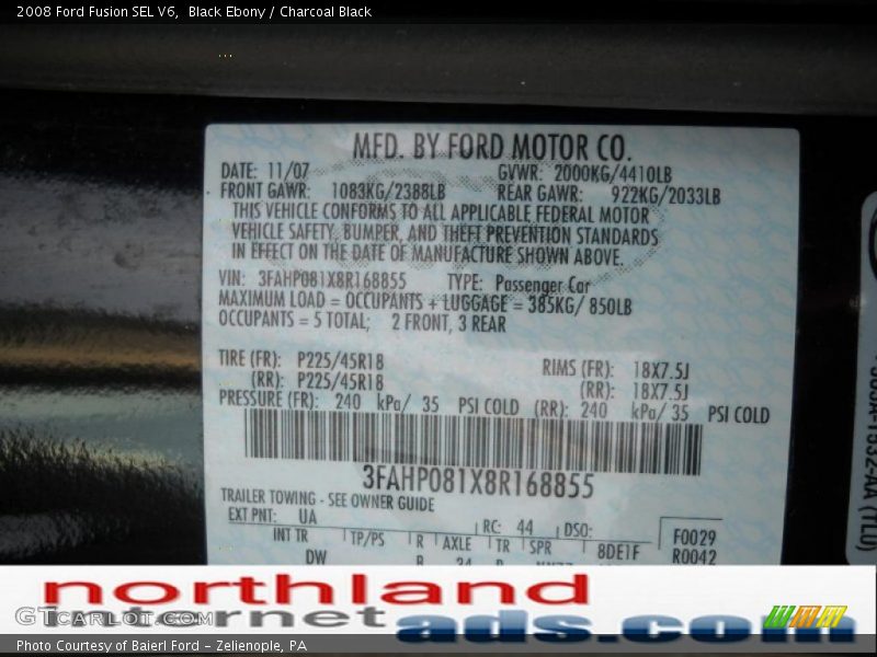 Black Ebony / Charcoal Black 2008 Ford Fusion SEL V6