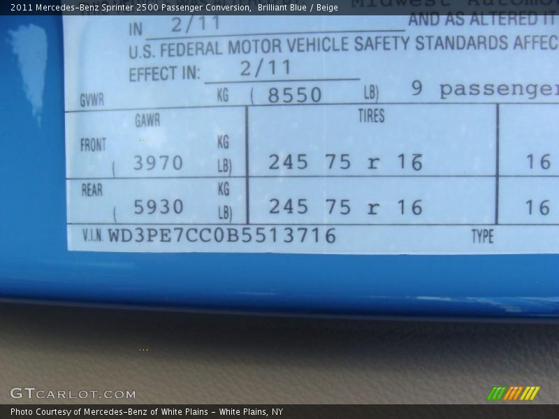 Info Tag of 2011 Sprinter 2500 Passenger Conversion