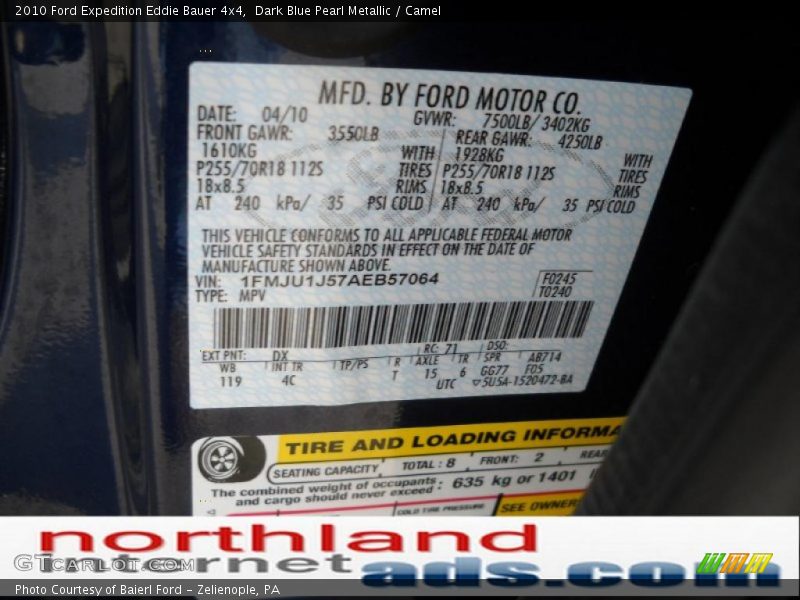 Dark Blue Pearl Metallic / Camel 2010 Ford Expedition Eddie Bauer 4x4