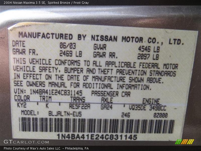Spirited Bronze / Frost Gray 2004 Nissan Maxima 3.5 SE