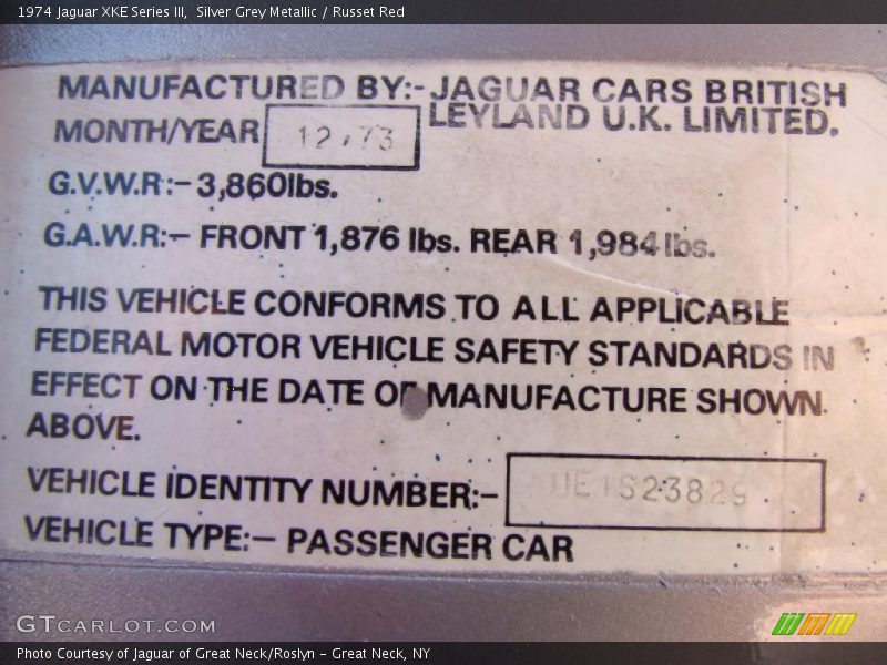 Info Tag of 1974 XKE Series III