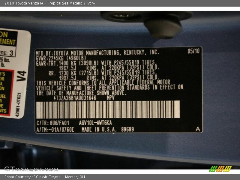 Tropical Sea Metallic / Ivory 2010 Toyota Venza I4