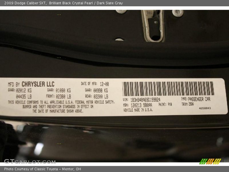 Brilliant Black Crystal Pearl / Dark Slate Gray 2009 Dodge Caliber SXT