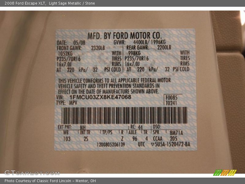 Light Sage Metallic / Stone 2008 Ford Escape XLT