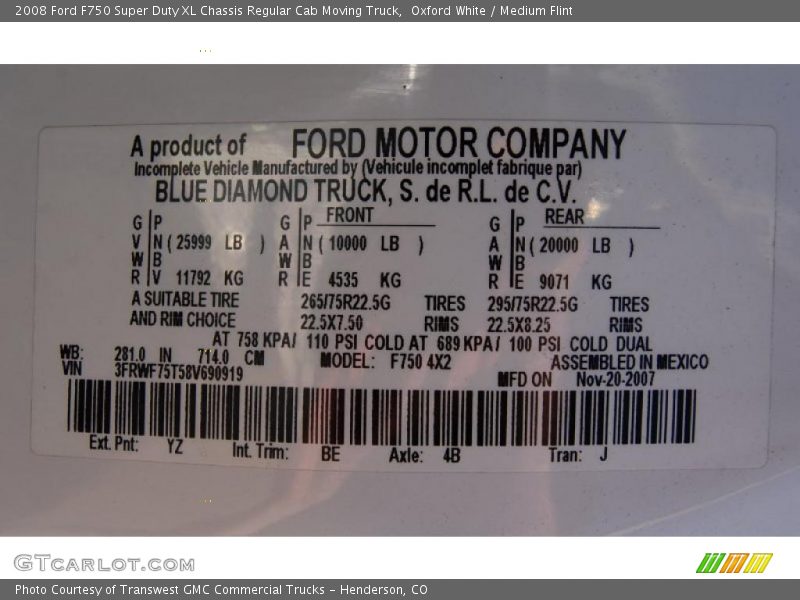 2008 F750 Super Duty XL Chassis Regular Cab Moving Truck Oxford White Color Code YZ